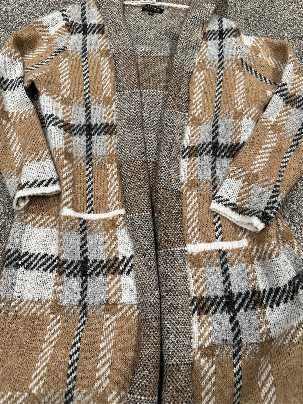 Joseph A. Long Open-Front Plaid Cardigan Sweater in Brown and White. Size L - Picture 8 of 9